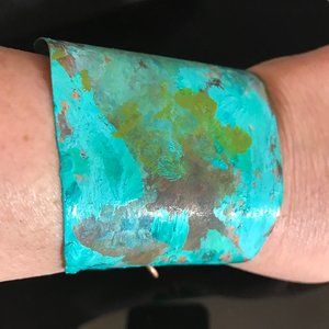 Green Copper Patina Wide Cuff Bracelet Handmade Rustic Artisan OOAK Verd…